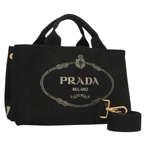 PRADA Canapa PM Hand Bag Canvas 2way Black Gold - Picture 1 of 16